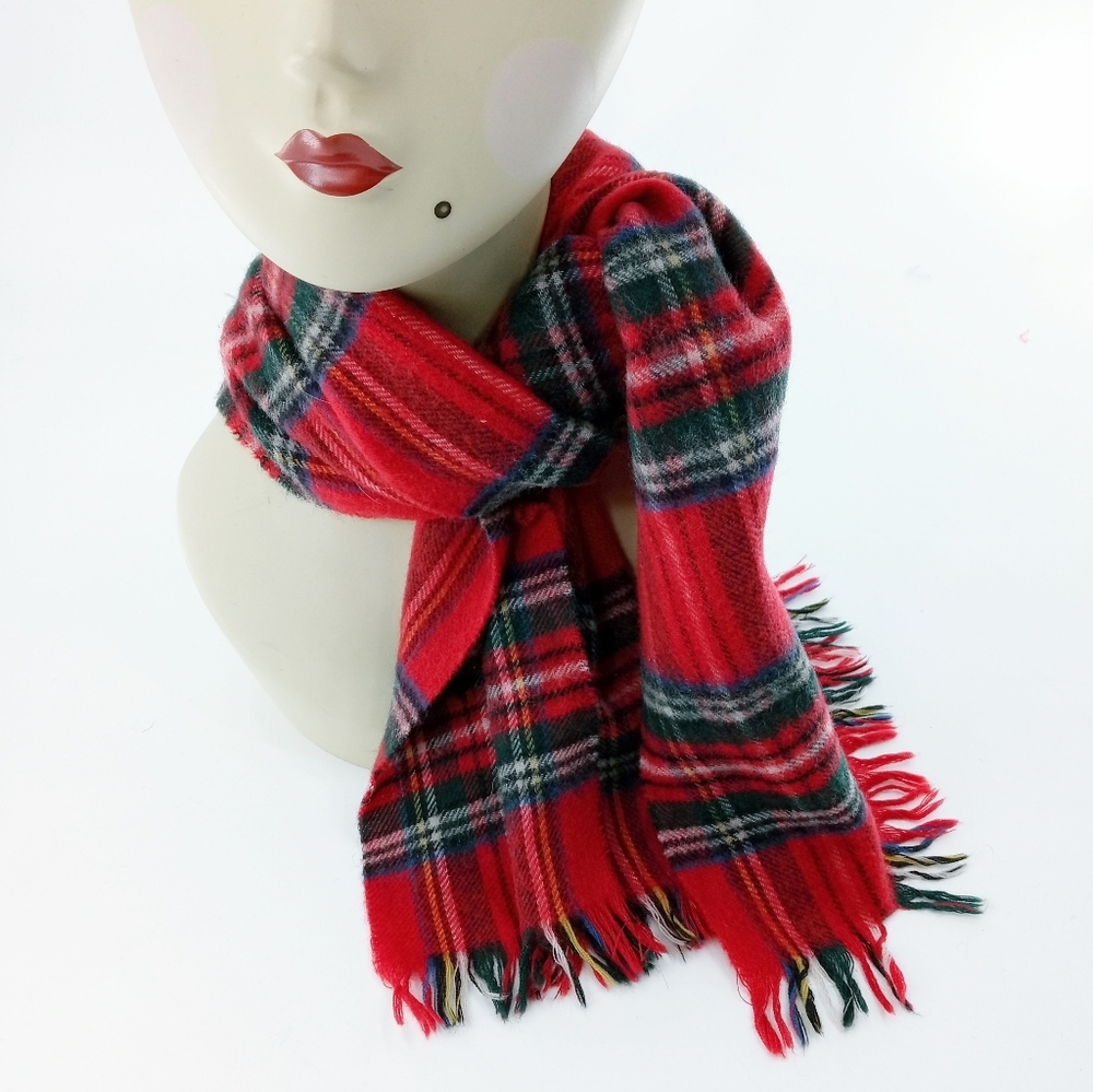 Vintage Red Tartan Plaid Lambs Wool Scarf
